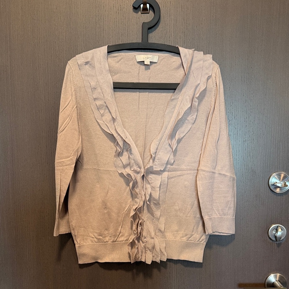 LOFT Women's Light Grey Ruffle Cardigan Sweater